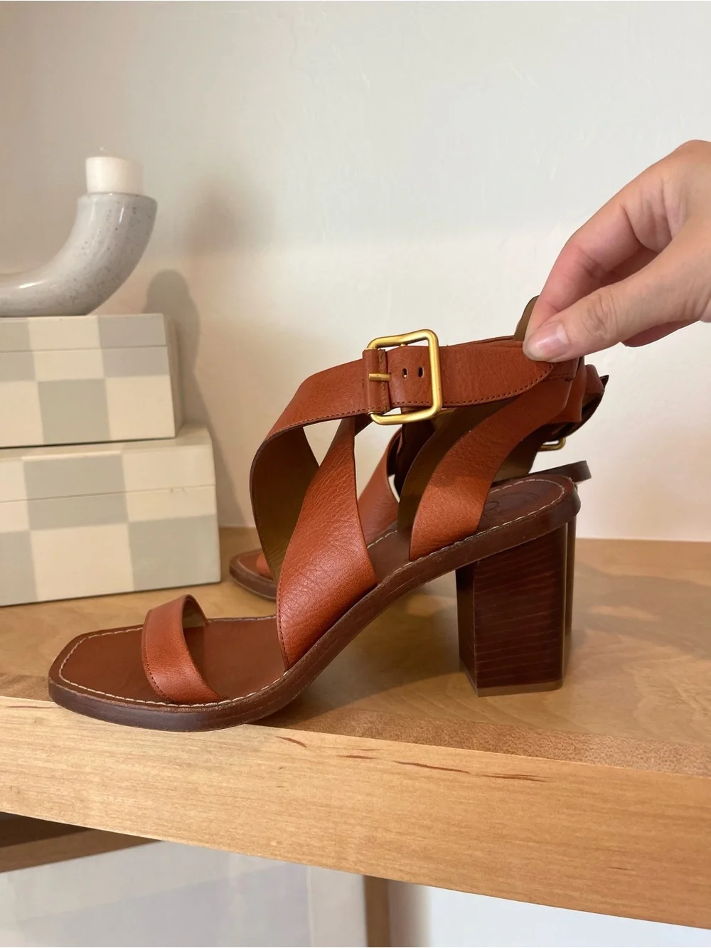 Chloe Virginia Chestnut Strappy Criss Cross Square Toe Sandals Heels Shoes 37